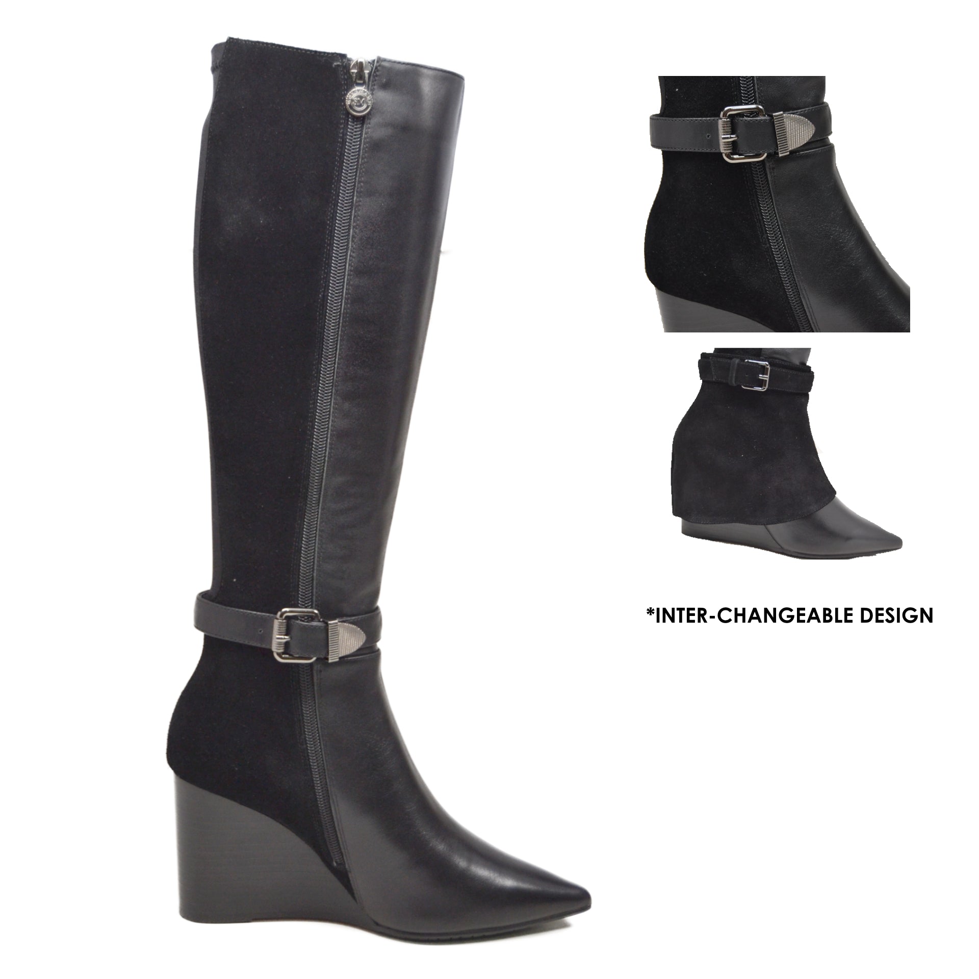 Paris Leather Lamb Suede 3 in 1 Wedge Dress Boot Effortlessly Stylish Slim Calf Boots